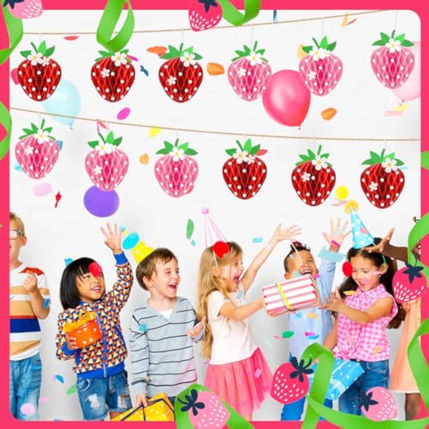 24 Pcs Strawberry Party Decorations Strawberry Honeycomb Balls Birthday Favors Berry First Theme Table Centerpieces Tissue Paper Honeycomb Tabletop Hanging Decor Party Supplies(Red, Pink)
