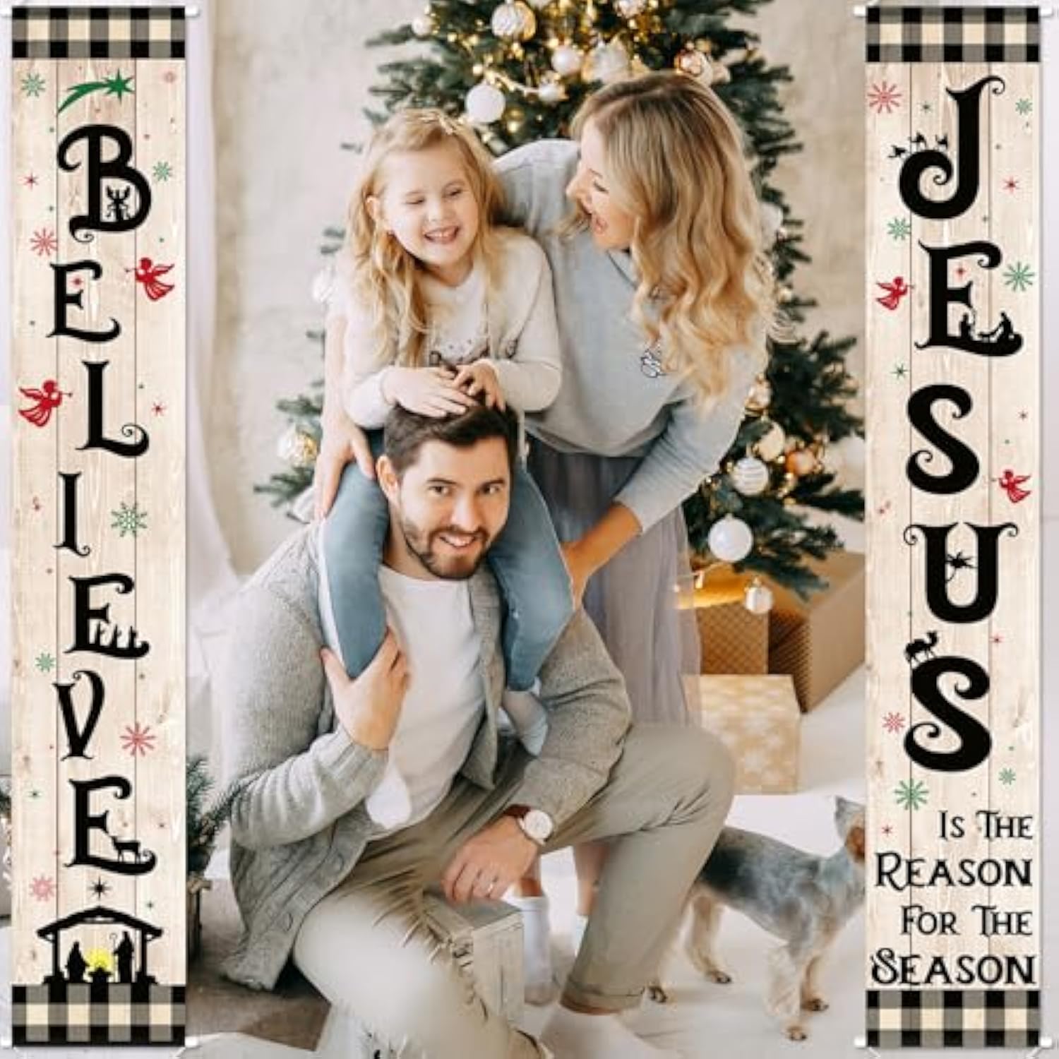 Christmas Jesus Door Banner Porch Sign Jesus Is The Reason For The Season Religious Hanging Decorations Xmas Nativity Scene Black White Buffalo Plaid Banner Flag For Holiday Home Outdoor Wall