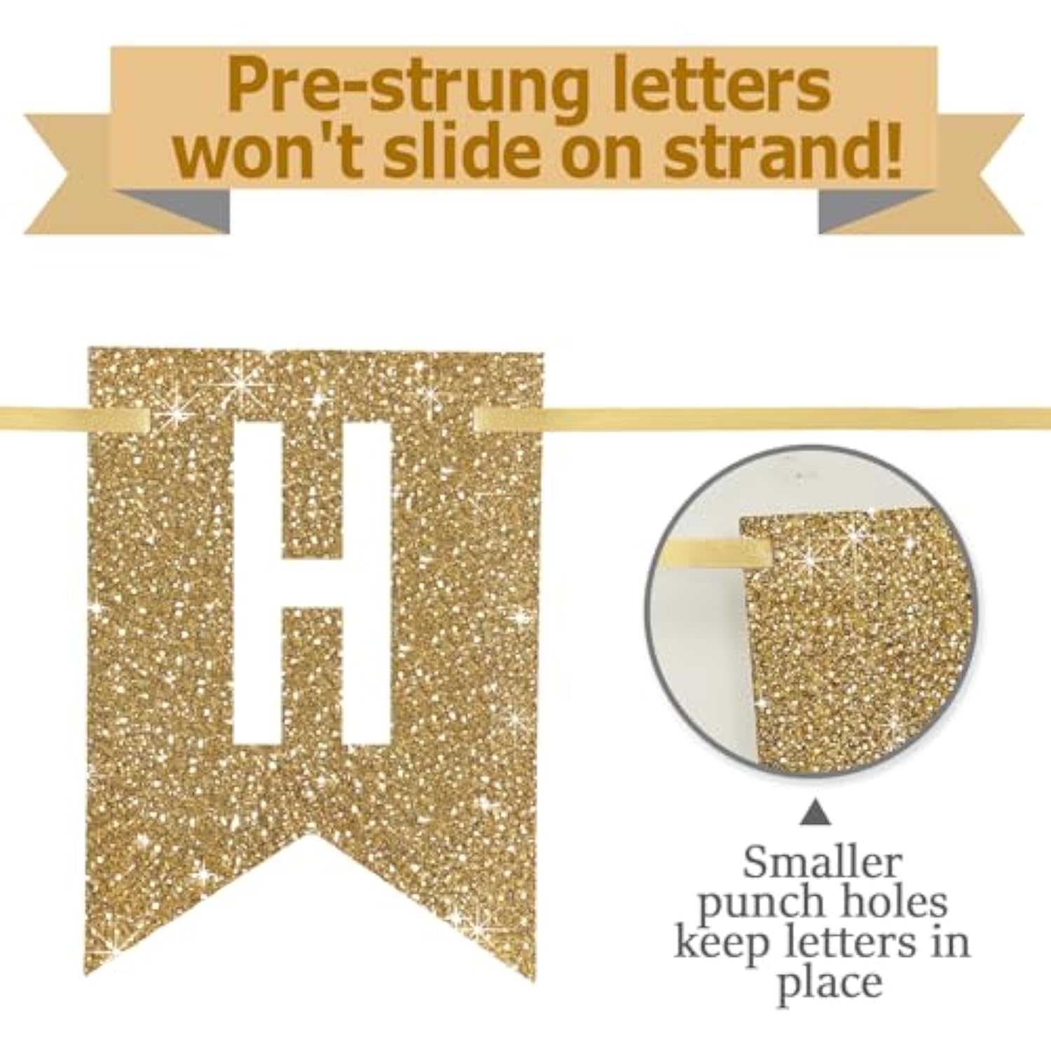 Pre-Strung Gold 50th Birthday Banner, Glitter Decor for Women & Men’s Party Supplies