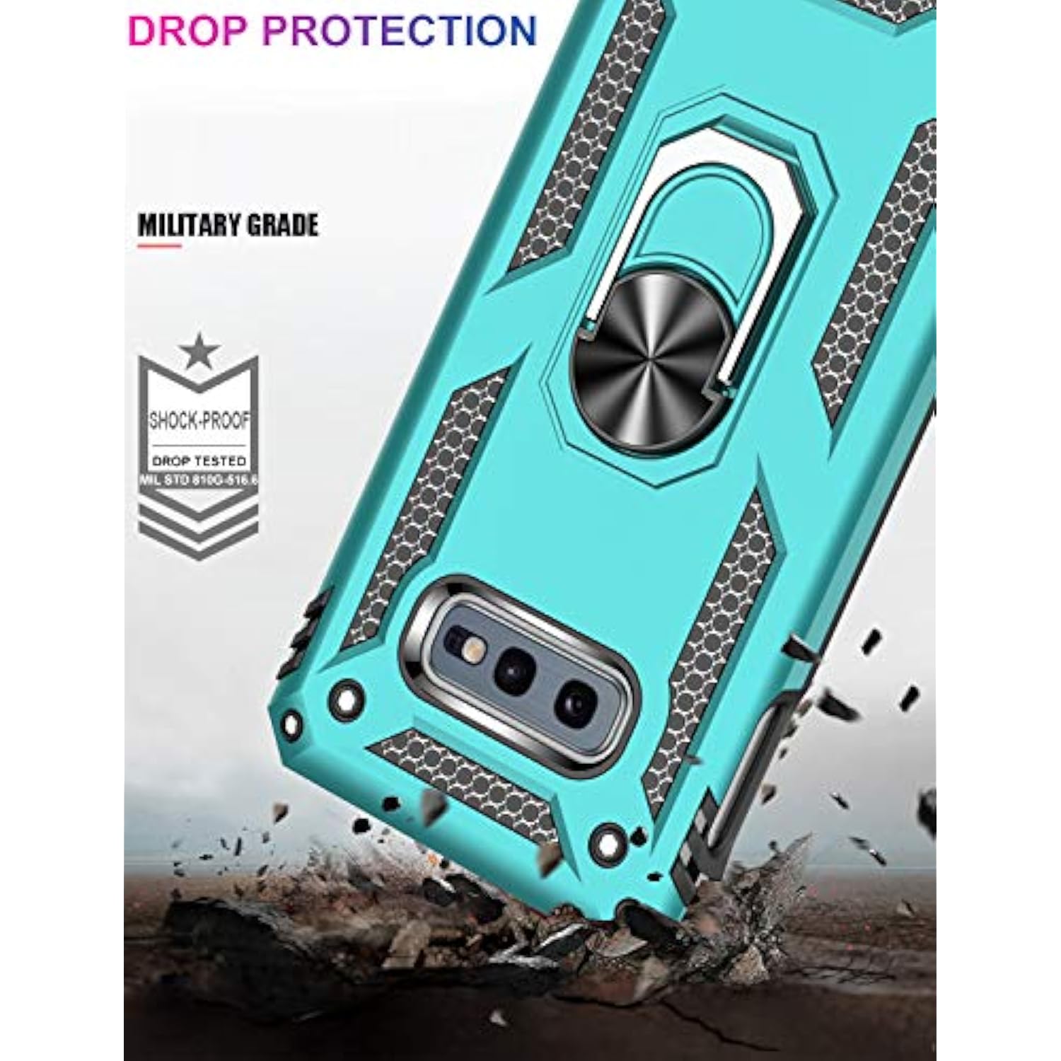 For Galaxy S10E Case With Screen Protector, Grade Shockproof Heavy Duty Protective Phone Cover Pass 16Ft Drop Test With Magnetic Kickstand Car Mount Holder Turquoise