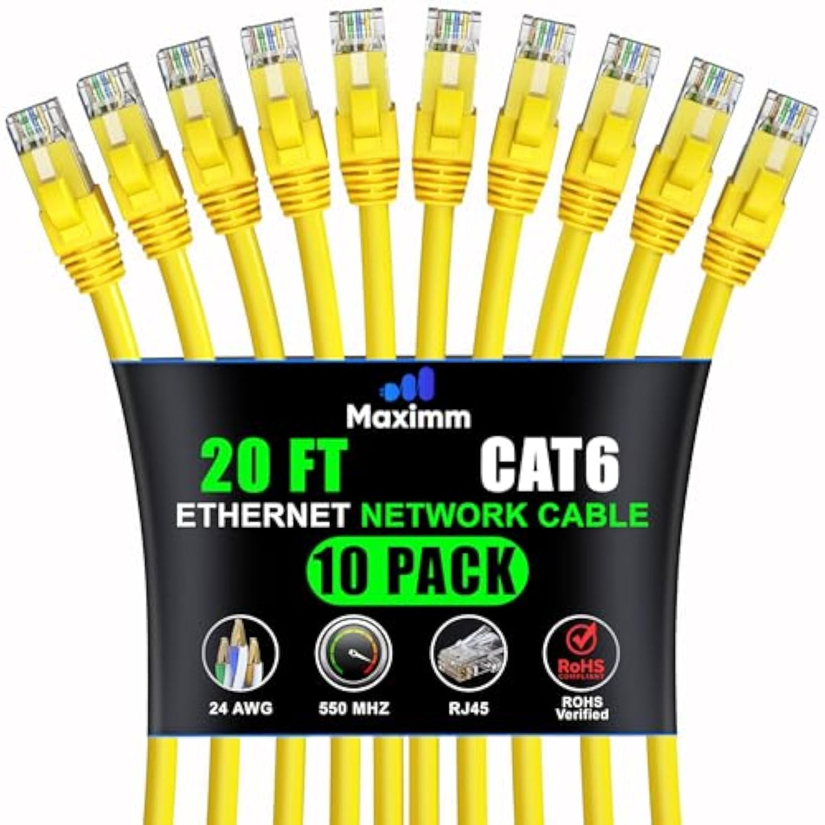 Maximm Cat 6 Ethernet Cable 20 Ft, (10-Pack) Cat6 Cable, LAN Cable, Internet C