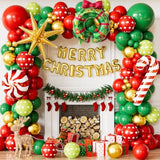 Christmas Balloon Garland Arch Kit, 132Pcs Red Green Gold Xmas Balloons With Candy Cane, Wreath, Star, Merry Christmas Foil Balloons For Xmas Decor, Holiday Party Supplies Indoor Outdoor