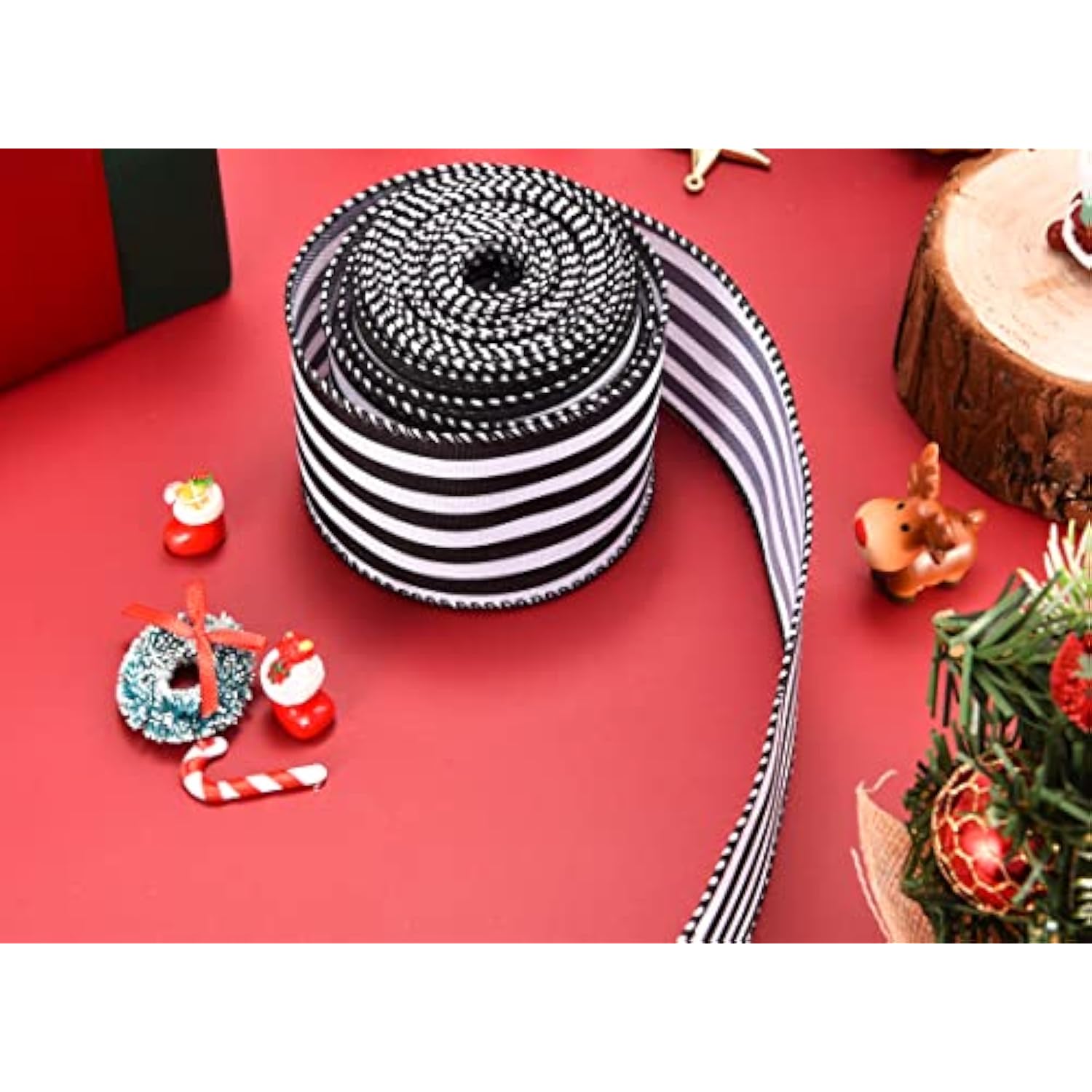 Christmas Ribbon For Tree, Black And White Striped Ribbon Wired Vertic