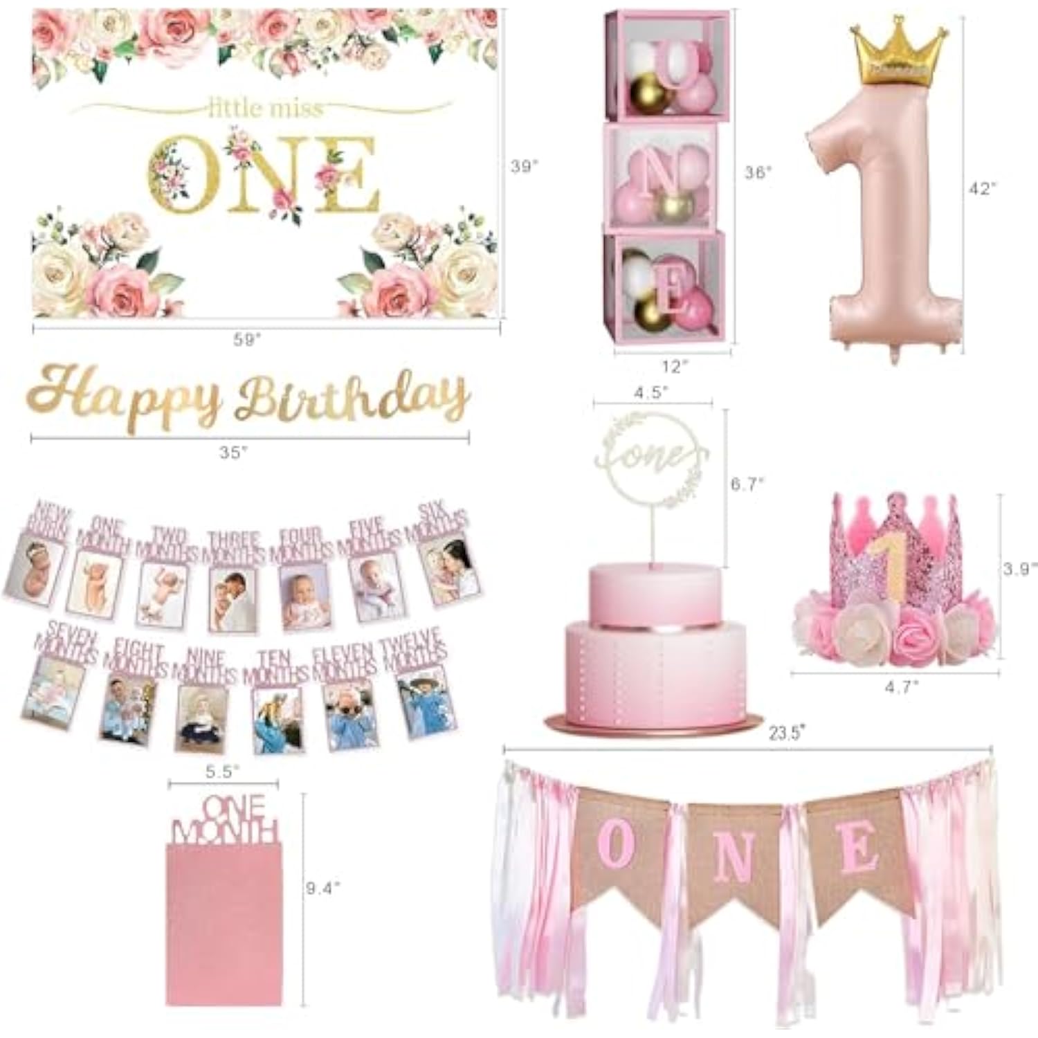Girl's 1st Birthday Decor Set – Pink Gold Balloons, Banner, Backdrop, Crown & More