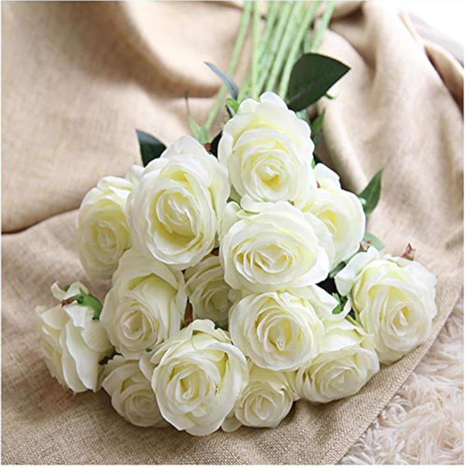 Artificial Silk Flowers Realistic Roses Bouquet Long Stem For Home Wedding Decoration Party (White)