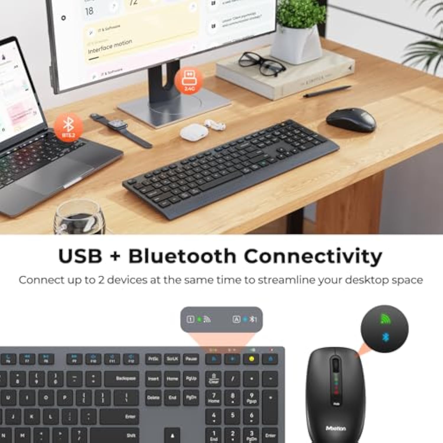 MEETION Bluetooth Keyboard and Mouse Combo, Wireless 2.4GHz Multi Device Computer Keyboard, Full Size Slim Rechargeable Keyboard, 3800 DPI Optical Mouse, for Windows/Mac/Laptop/PC/Desktop/iPad/Phone