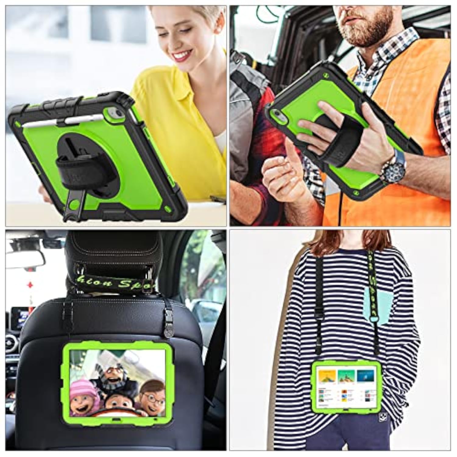 11th/10th Generation iPad (A16) 11''/10.9'' Full-Body Drop Protection Case with Screen Protector & 360° Rotate Hand Strap/Stand, Green and Black