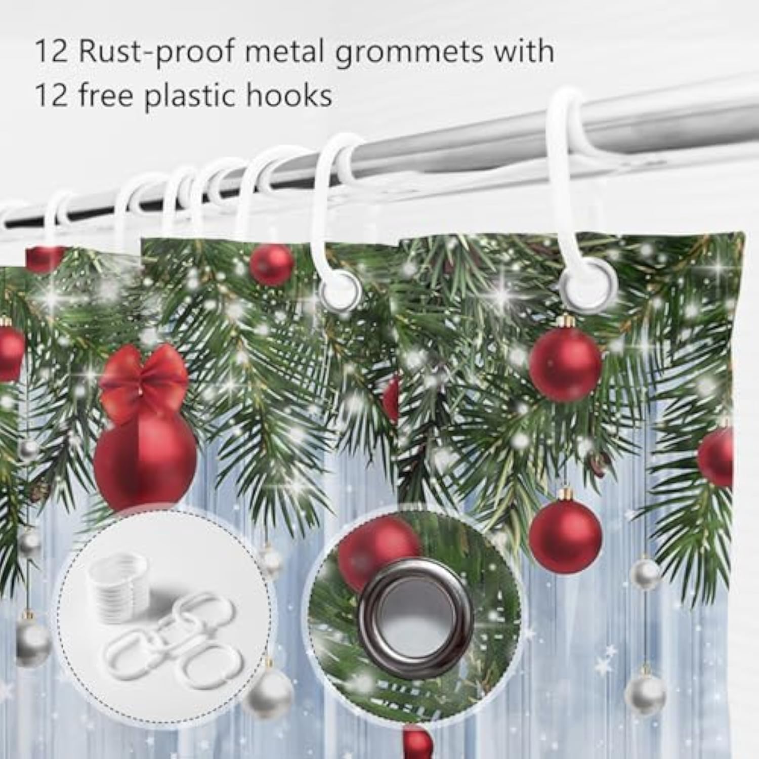 Christmas Shower Curtain,Winter Christmas Pine Farmhouse Rustic Wood Merry Xmas Shower Curtain,Pine Tree Xmas Ball Snowflake Holiday Bathroom Decor Curtains With 12 Hooks,72X72 In