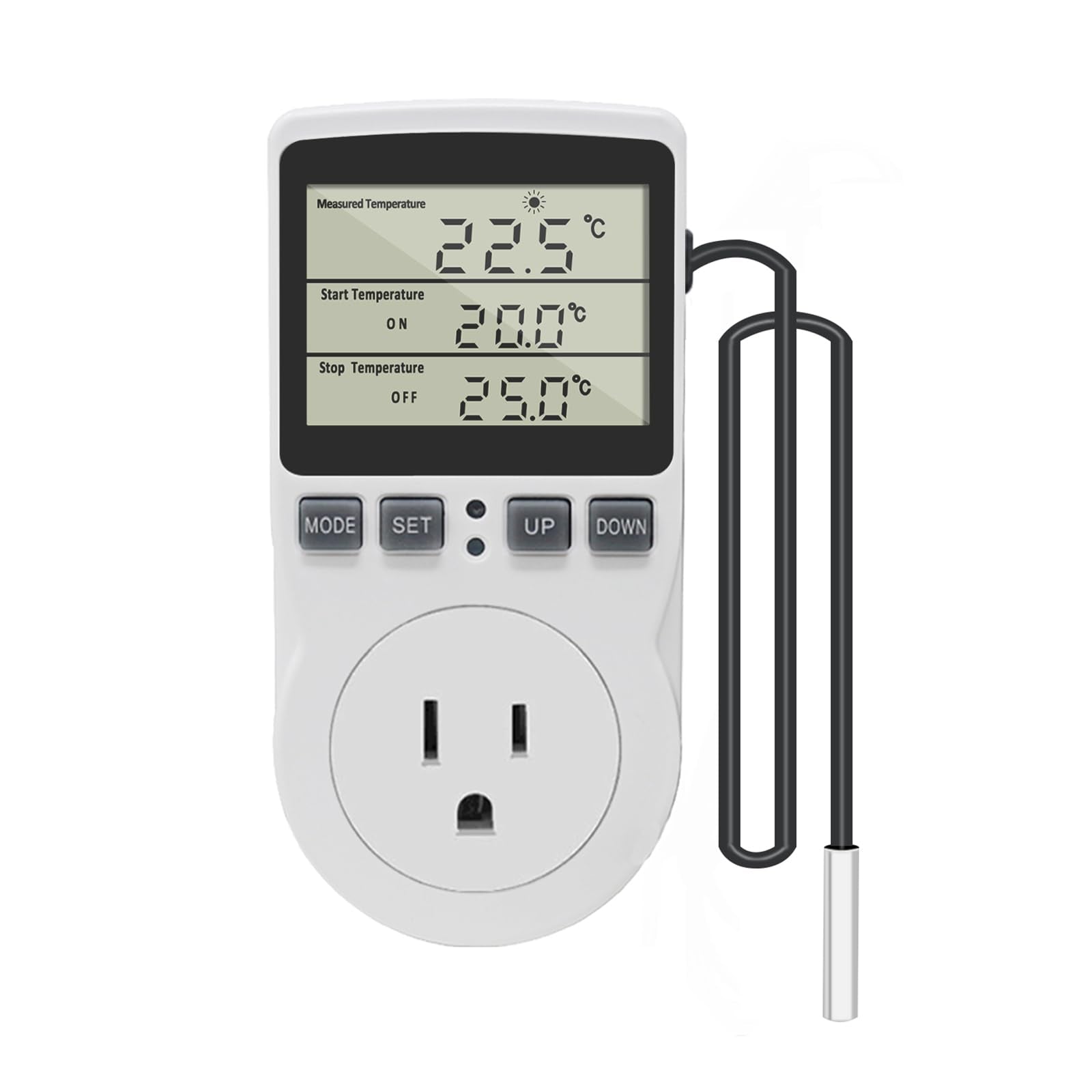 Digital Thermostat Outlet Plug Temperature Controller Outlet Socket 120V Heating Cooling Control 110V 15A Celsius Fahrenheit Display White