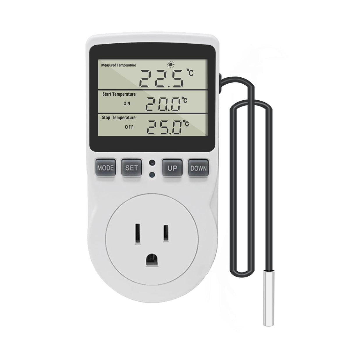 Digital Thermostat Outlet Plug Temperature Controller Outlet Socket 120V Heating Cooling Control 110V 15A Celsius Fahrenheit Display White