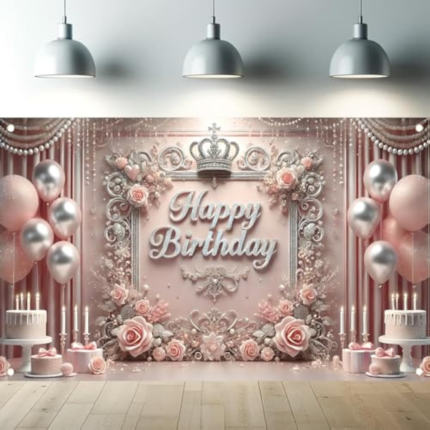 Elegant Pink Princess Birthday Banner Backdrop with Crown & Roses