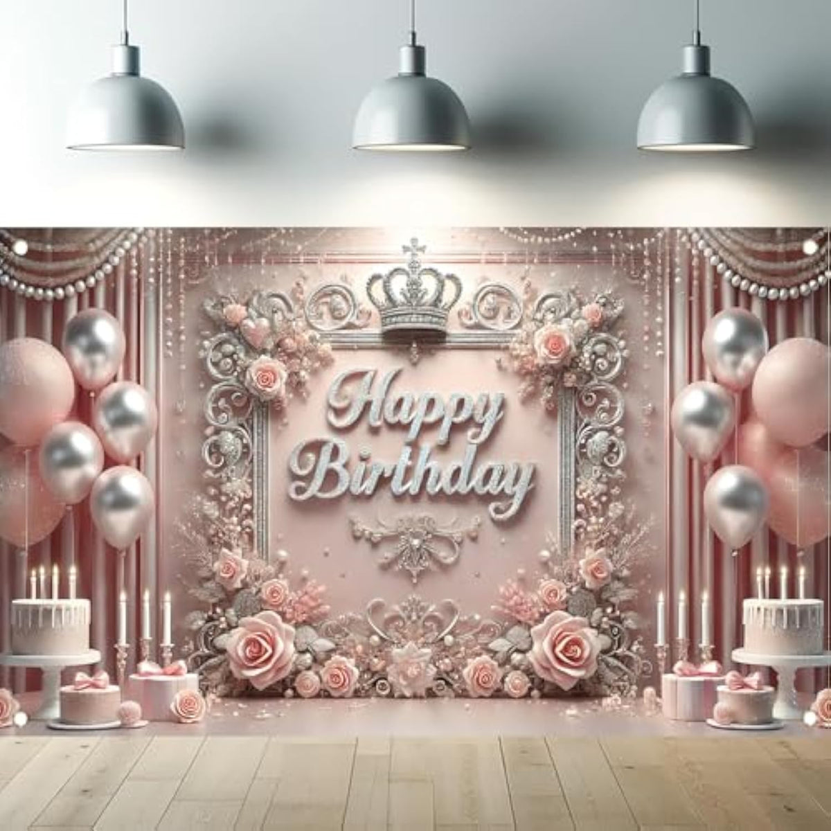 Elegant Pink Princess Birthday Banner Backdrop with Crown & Roses