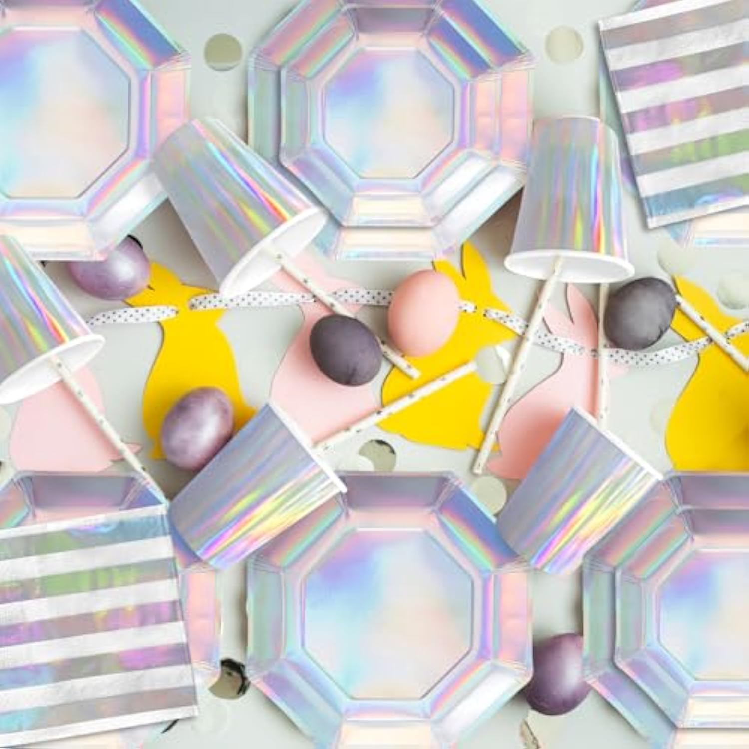 Iridescent Party Supplies - Disposable Paper Plates, Cups And Napkins, Ideal For Birthday, Mermaid Themed Events & Birthday Or Wedding Party Decoration - Serves 16