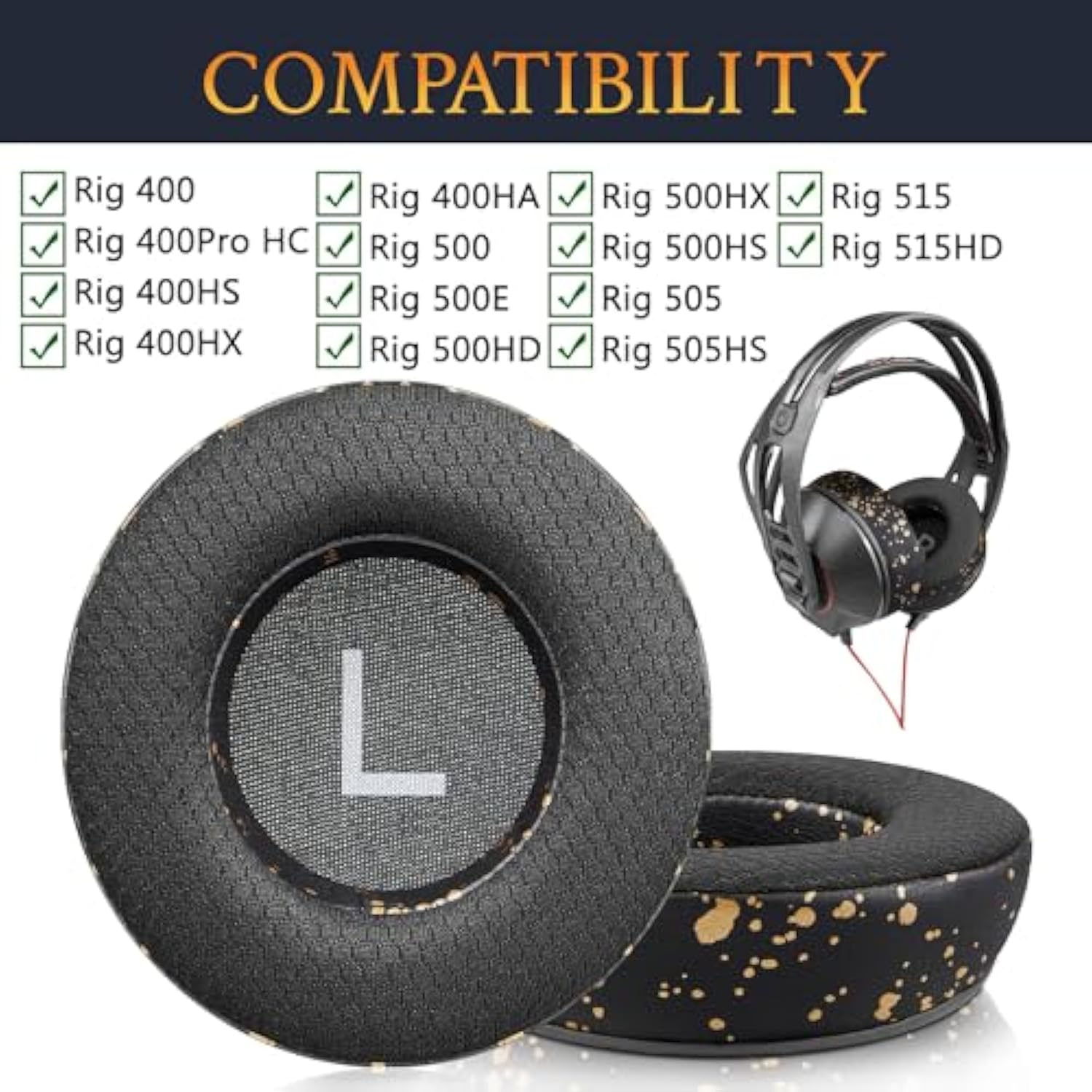 Earpads Replacement For Plantronics (Poly) Rig 400(400Pro Hc, 400Hs, 400Hx, 400Ha), Ear Pads Cushions For Rig 500(500E, 500Hd, 500Hx, 500Hs)/505(505Hs)/515(515Hd) Headset - Rig Mf Black Gold