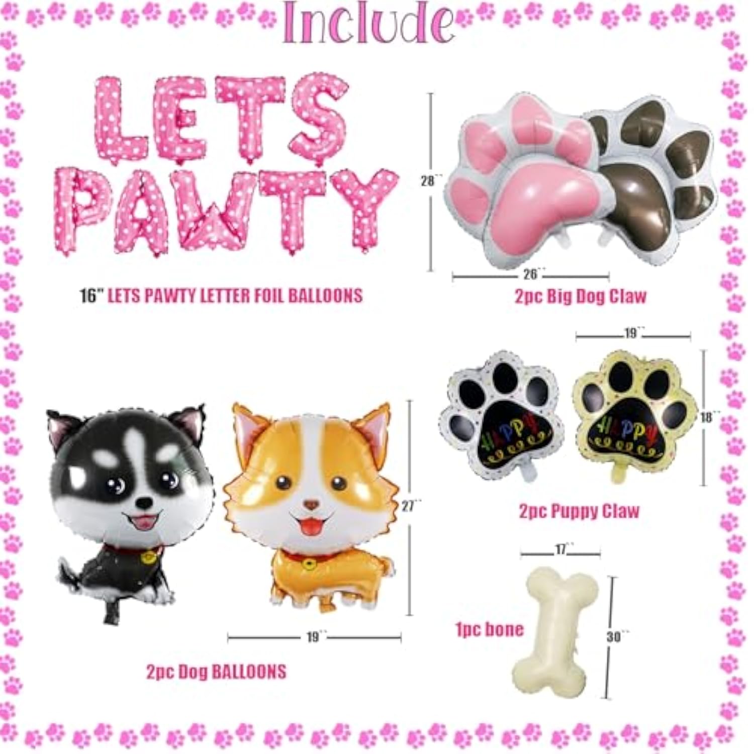 Dog Birthday Party Decor "Let's Paw-ty" Banner, Paw Print Balloons & Cake Toppers
