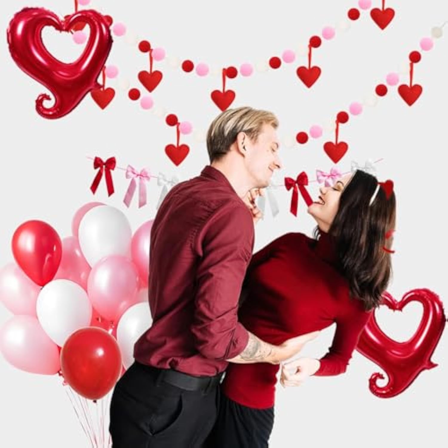 Valentines Day Party Balloons Arch Garland Kit, Red Pink White Bows Decorations, 106Pcs Balloons & Accessories For Valentines Engagement Party Birthday Decorations