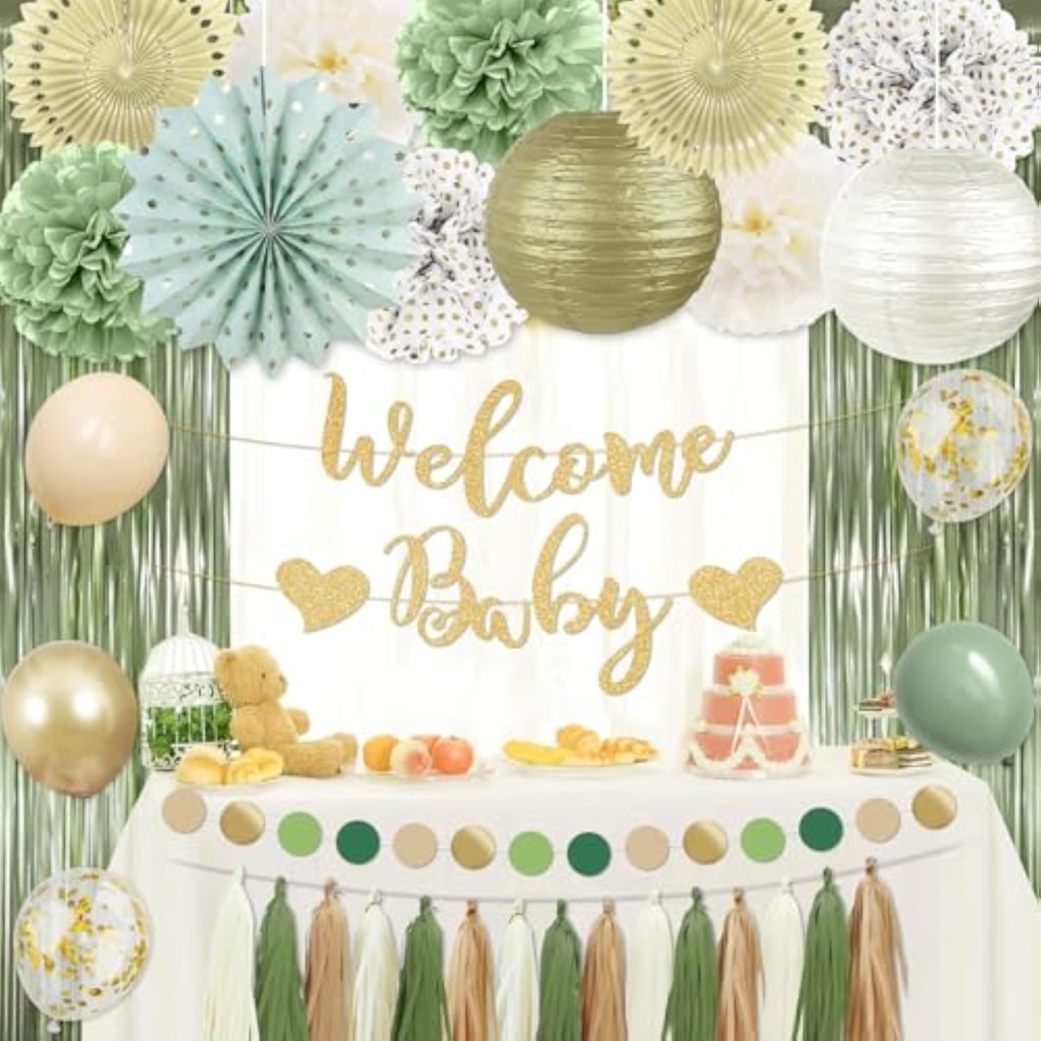 Sage Green Baby Shower Decorations, Welcome Baby Gender Neutral Baby Shower Decor, With Tissue Pom Poms, Balloons, Tassel Garland, Paper Lanterns For Gender Reveal Birthday Party Decorations