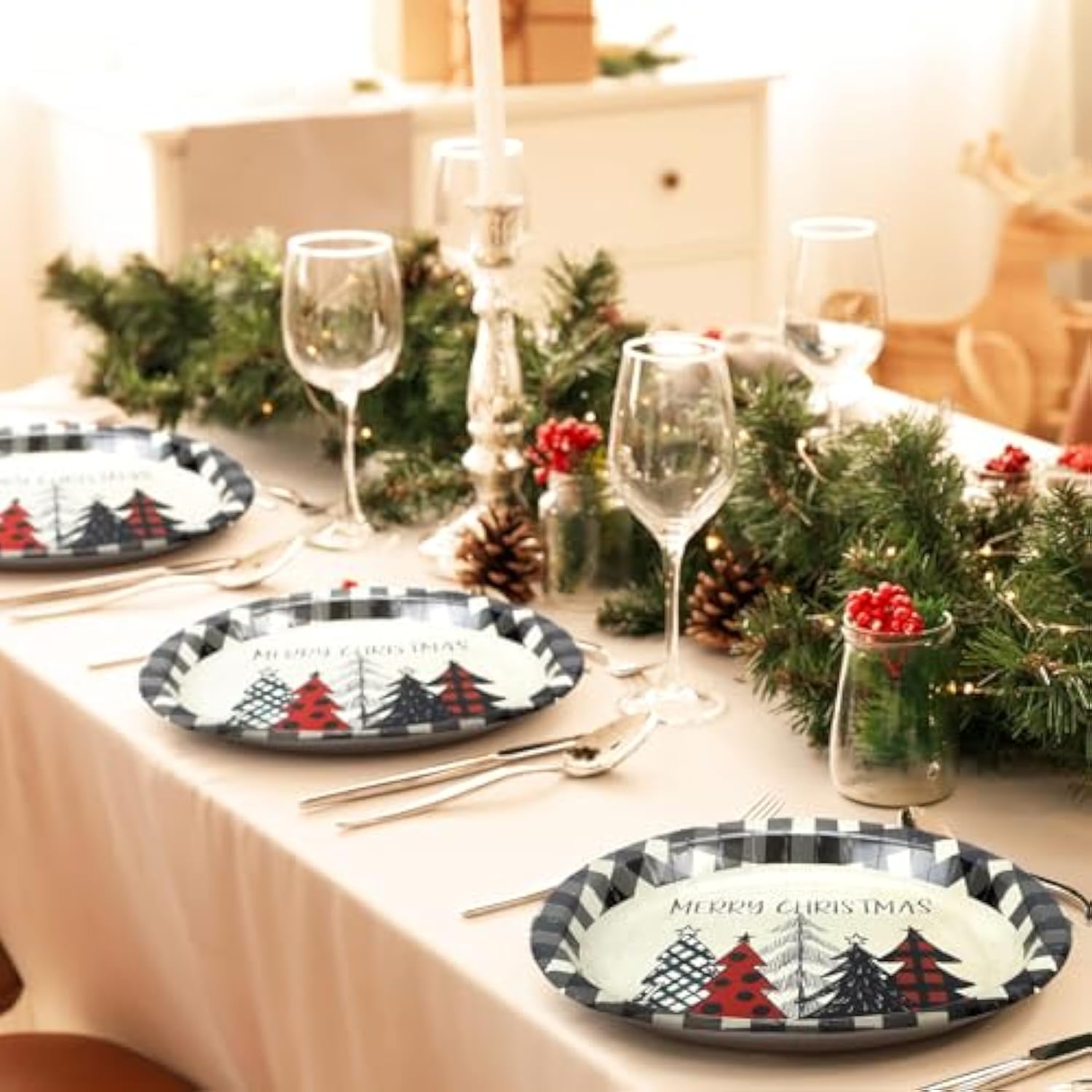 50 Count Christmas Oval Paper Plates Xmas Tree Buffalo Plaid Disposable Platters 10 X 12 Inch Merry Christmas Plates Dinnerware Serving Tray For Holiday Dinner Party Supplies