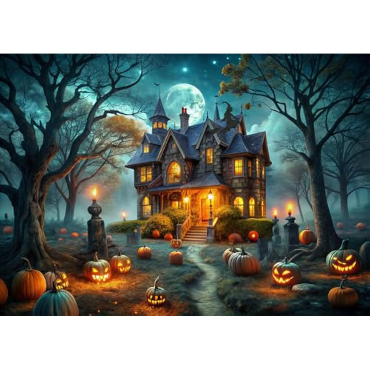 Halloween Haunted House Backdrop 7x5ft Spooky Pumpkin Path Photo Booth Decor
