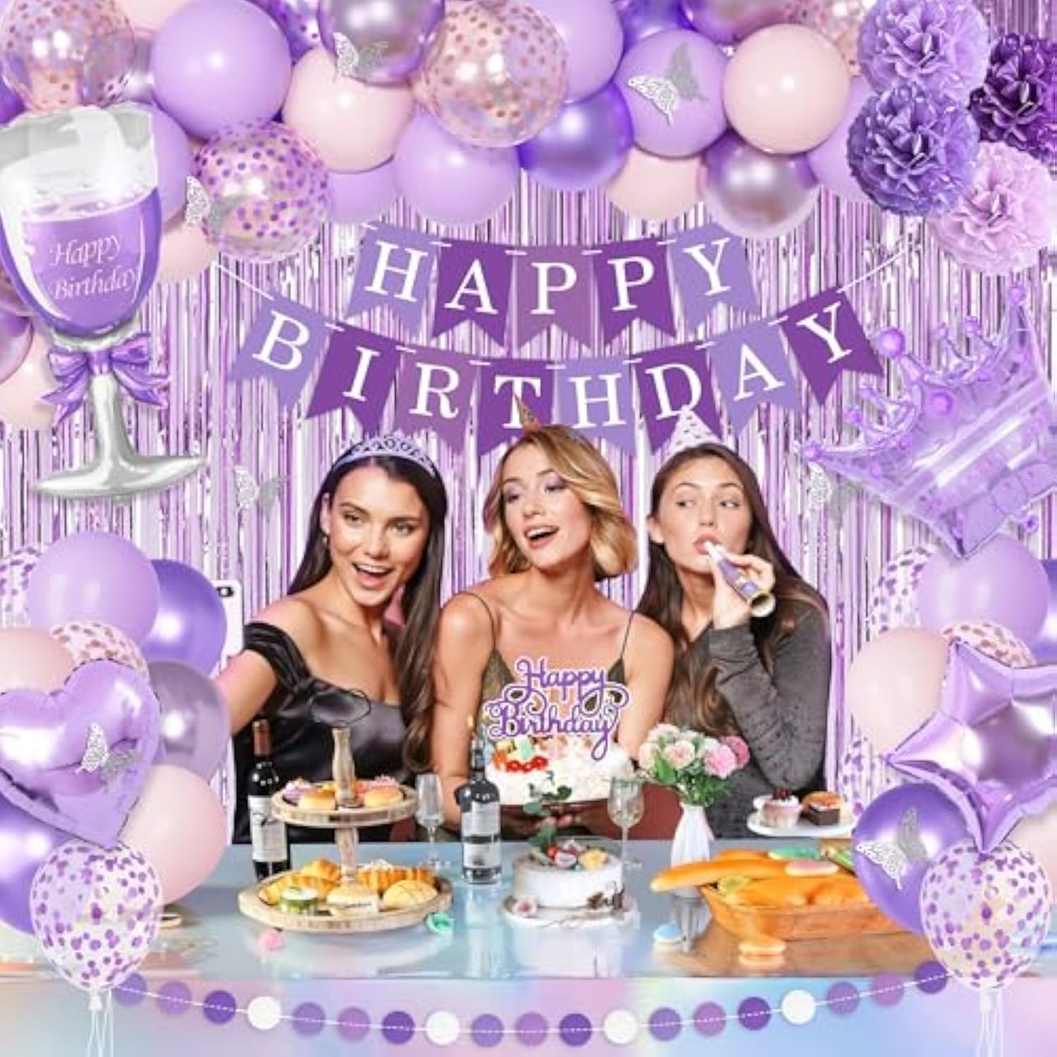 Lavender & Pink Birthday Decor Set Balloons, Banner, Curtain & Cake Topper