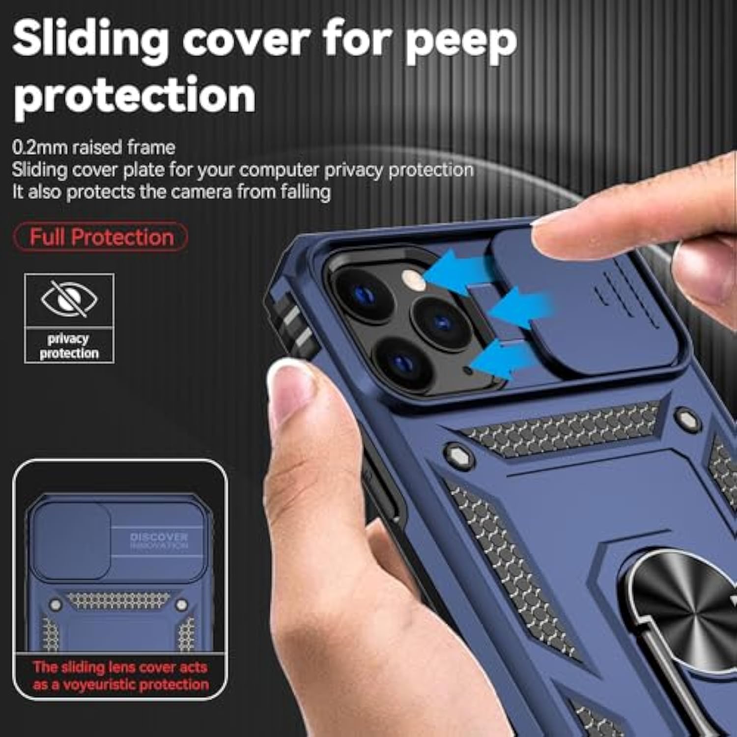 Compatible With Iphone 11 Pro Max Case With Hd Screen Protector & Slide Camera Cover & Rotated Ring Kickstand, [Military-Grade] Phone Case For Iphone 11 Pro Max (Blue)