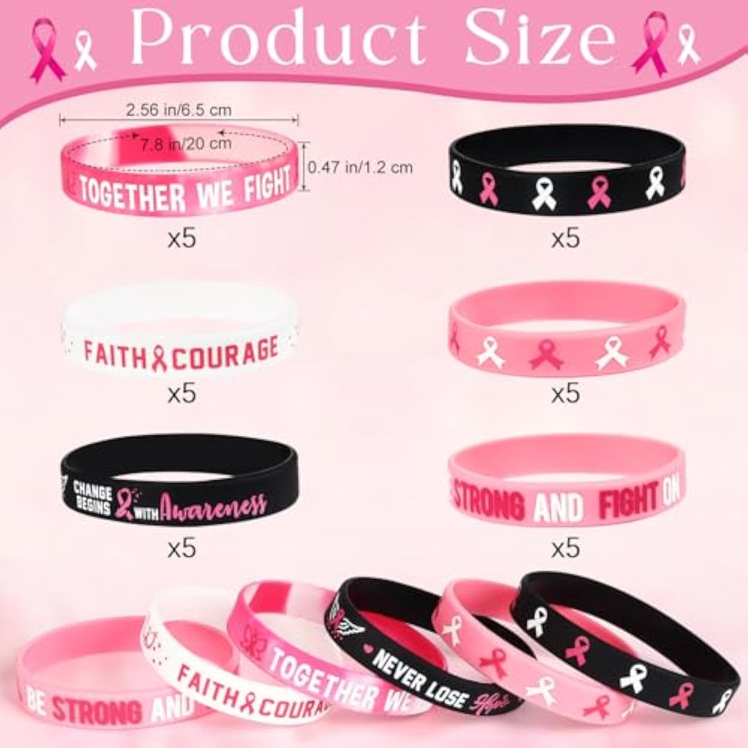 30 Pcs Breast Cancer Awareness Silicone Bracelets With Pink Ribbon, Hope Faith Strength Courage Rubber Wristbands Gifts For Women Girls Party Favors Supplies