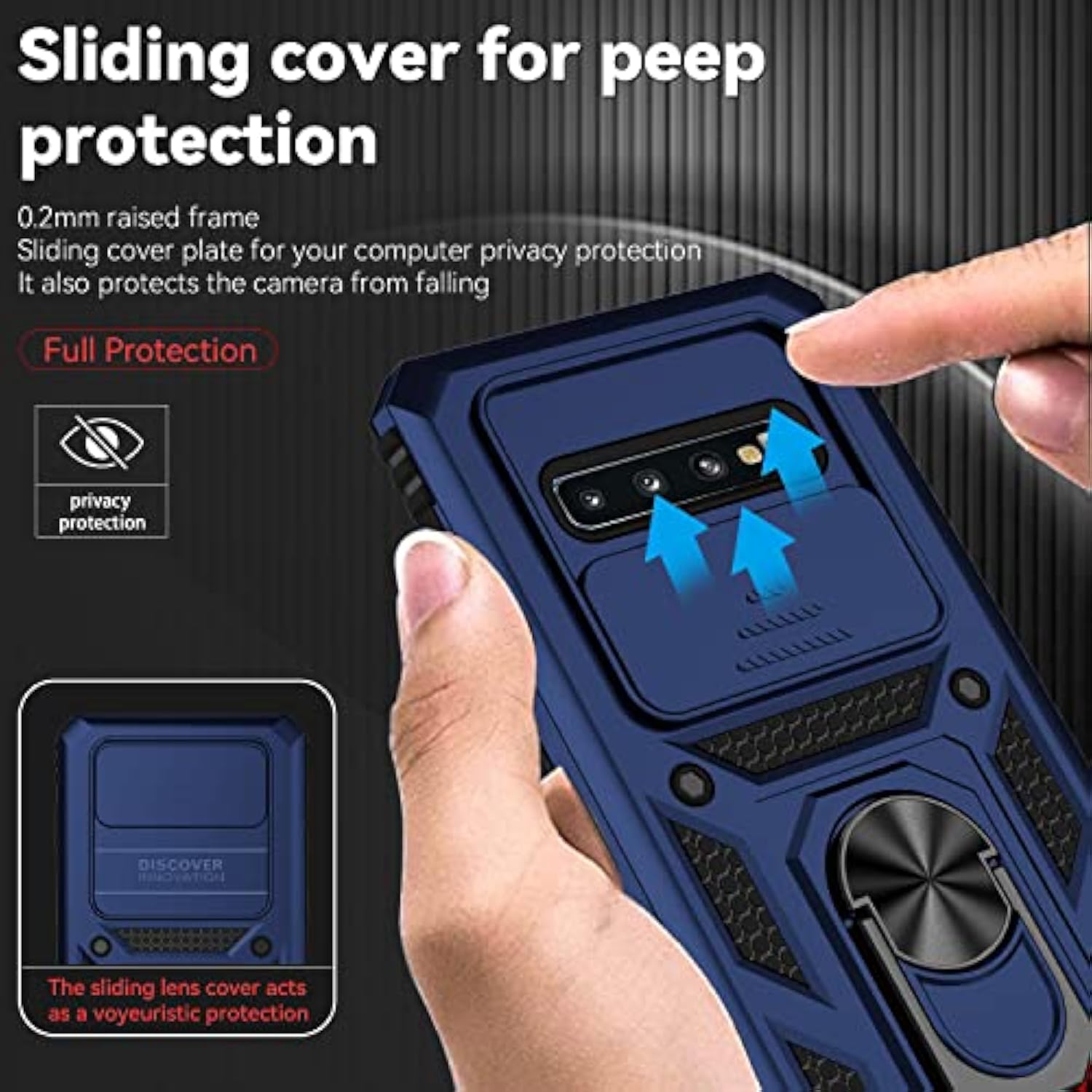 For Samsung Galaxy S10 Plus Case With Camera Lens Cover Hd Screen Protector, Military-Grade Drop Tested Magnetic Ring Holder Kickstand Protective Phone Case For Samsung Galaxy S10+ Plus (Navy Blue)
