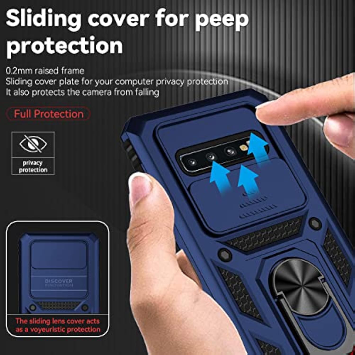 Samsung Galaxy S10 Plus Case with Camera Lens Cover HD Screen Protector, Military-Grade Drop Tested Magnetic Ring Holder Kickstand Protective Phone Case for Samsung Galaxy S10+ Plus (Navy Blue)