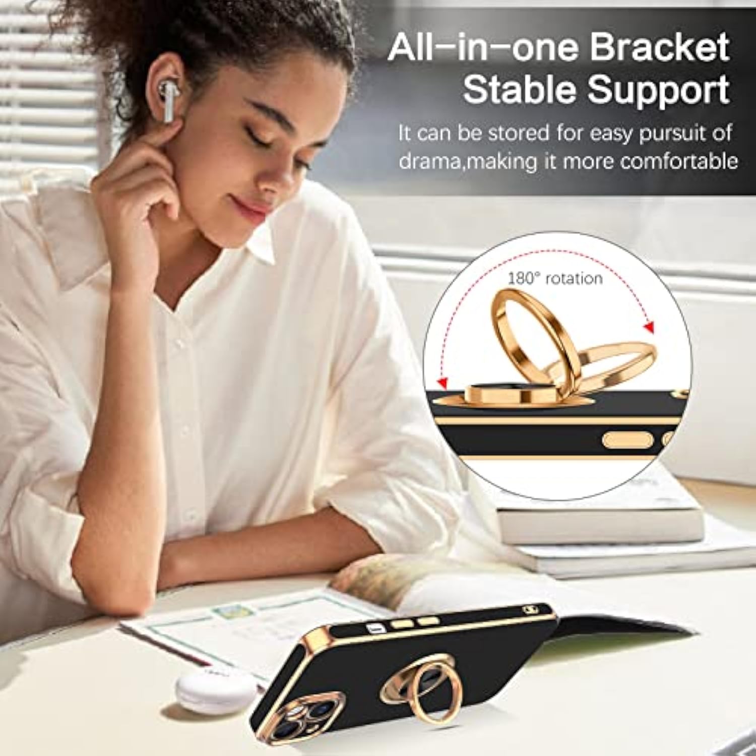 Iphone 14 Case,Phone Case For Iphone 14,Slim Fit Soft 360° Ring Holder Kickstand Magnetic Car Mount Supported Easy Clean Shockproof Protective Cover For Apple Iphone 14 6.1" 2022, Black/Golden