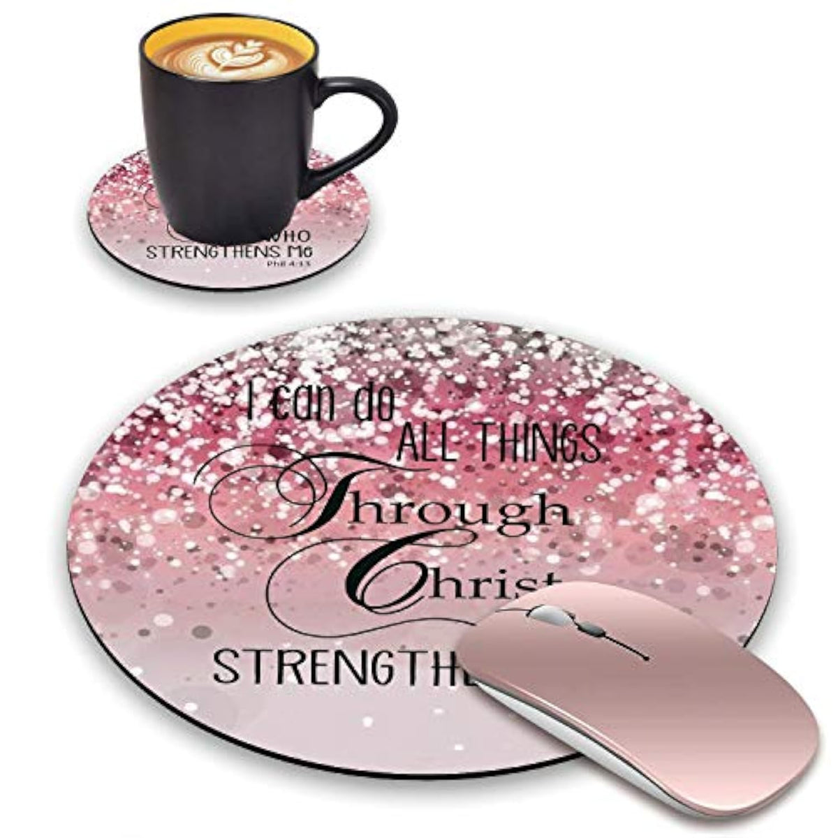 Round Mouse Pad And Coasters Set, Pink Glitter Mousepad, Inspirational Quotes Christian Bible Verse Phil 4-13 Mousepad, Non-Slip Rubber Base Mouse Pads For Laptop And Computer