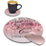 Round Mouse Pad And Coasters Set, Pink Glitter Mousepad, Inspirational Quotes Christian Bible Verse Phil 4-13 Mousepad, Non-Slip Rubber Base Mouse Pads For Laptop And Computer
