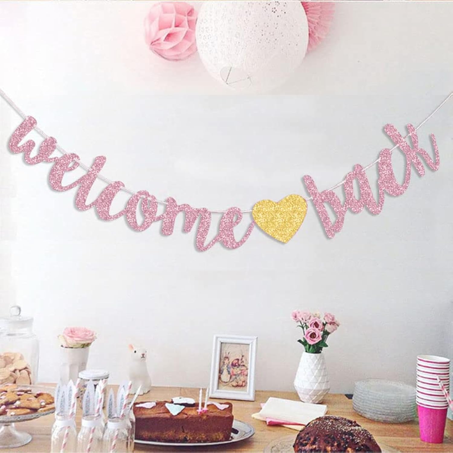 Welcome Back Banner Returning Home Party Paper Sign Teenager Homecoming Returning Home Retiring From The Army Decorations, Rose Gold