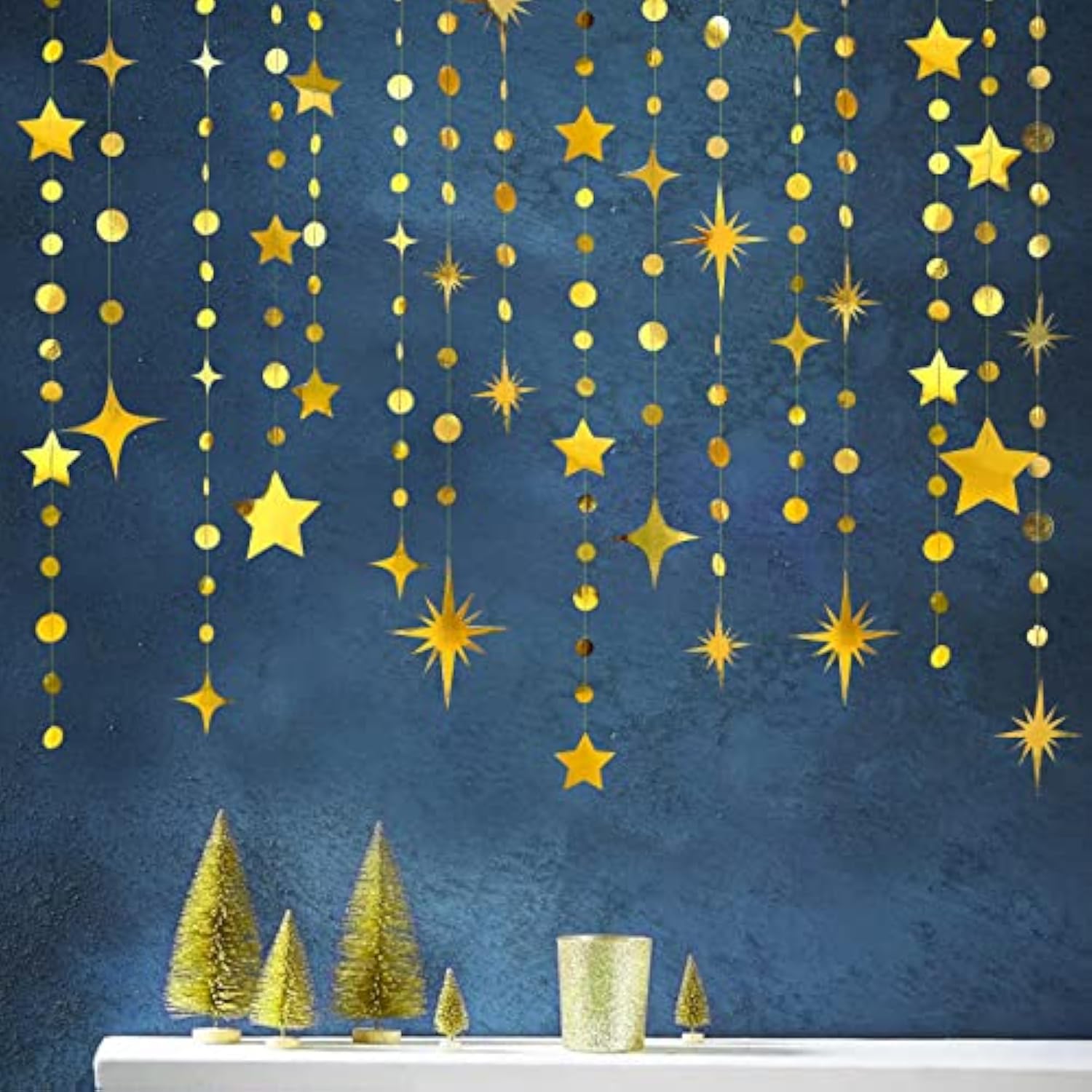 Gold Party Decorations Star Circle Dot Paper Garland Banner Bunting Streamer Metallic Hanging Twinkle Star Decoration For Christmas Birthday Baby Shower Wedding Festival Engagement Kids Room Decor