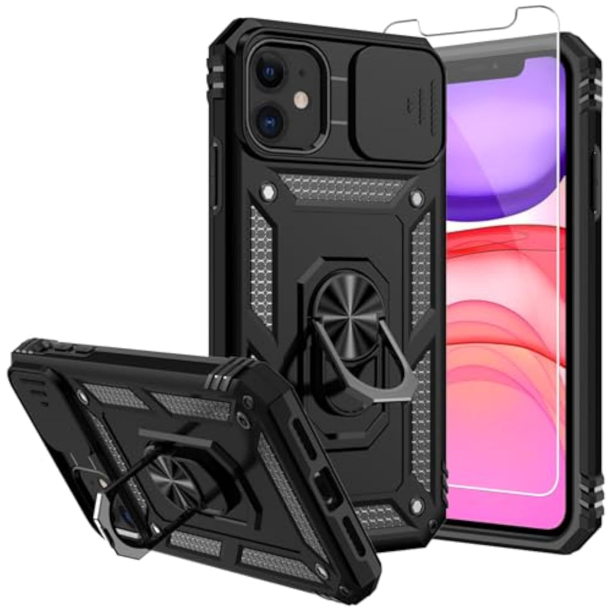 Military Grade iPhone 11 Case with Screen Protector and Camera Cover, 16ft Drop Tested, Magnetic Kickstand Protective Case for iPhone 11 6.1 inch, Black