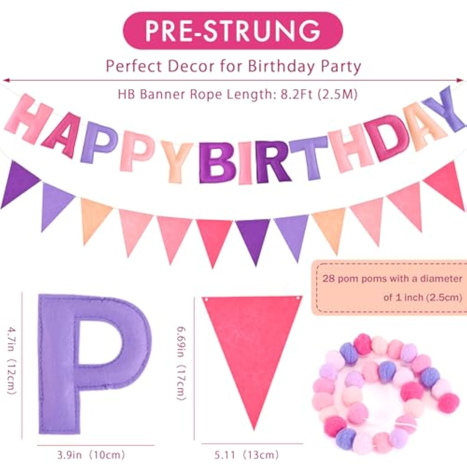 Pre-Strung 3D Happy Birthday Banner, 3 Pcs Pink And Purple Happy Birthday Felt Garland, Pom Pom Garland, Triangle Fabric Bunting, Reusable Purple And Pink Decorations For Girls Women