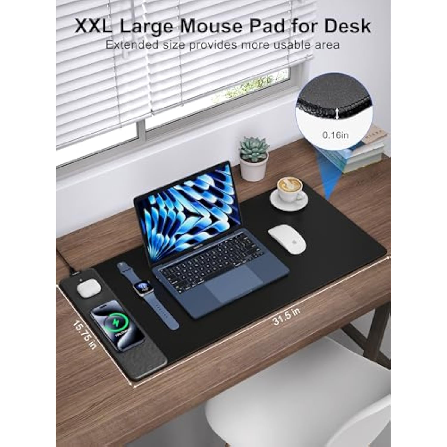 Wireless Charging Mouse Pad, Waterproof Gaming Mousepad With Ultra-Smooth Surface, Non-Slip Base, 31.5"X15.75" Xxl Large Desk Pad, Classic Black Computer Desk Mat For Macbook, Pc, Laptop