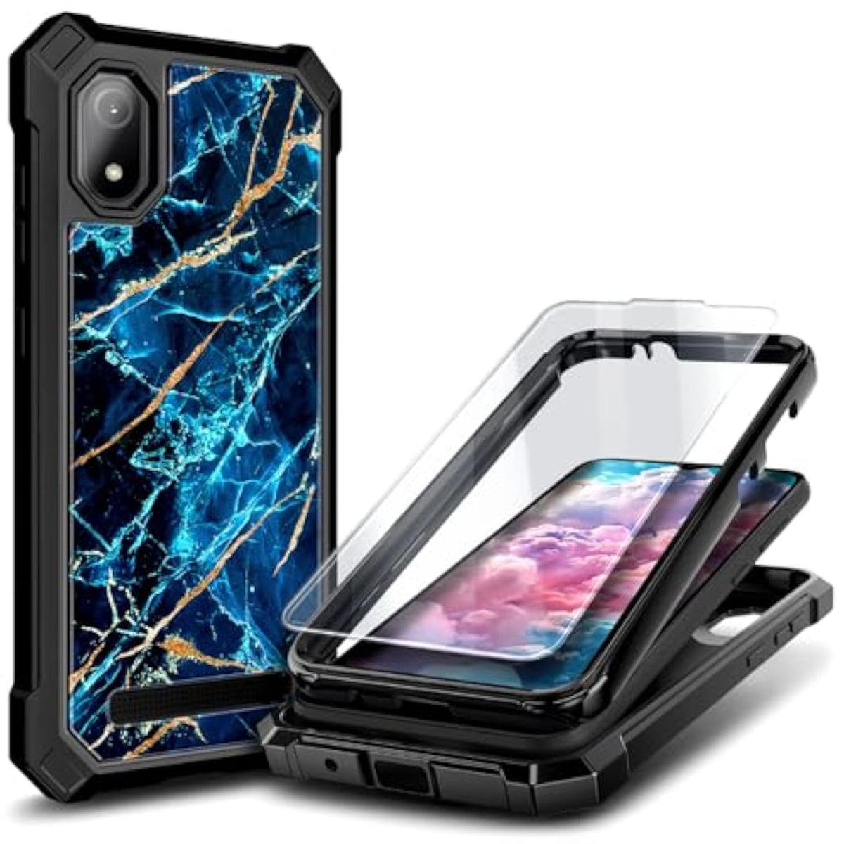 Designed For Cloud Mobile Stratus C8 Phone Case With [Tempered Glass Screen Protector], Full-Body Protective Shockproof Rugged Bumper Cover Case (Marble Sapphire)