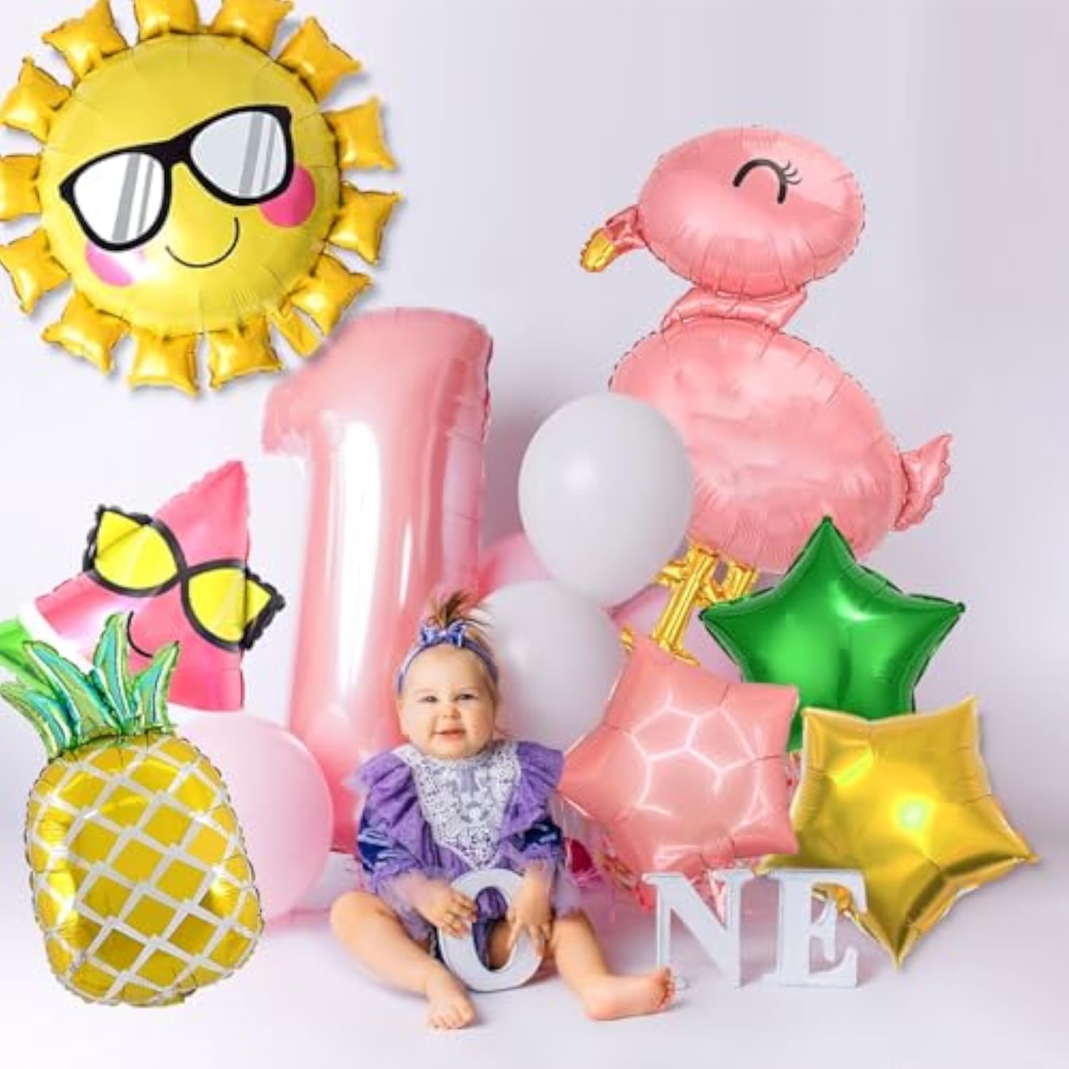 Hawaiian 1st Birthday Set – 8pcs Flamingo Foil Balloons for Tropical Party Decor