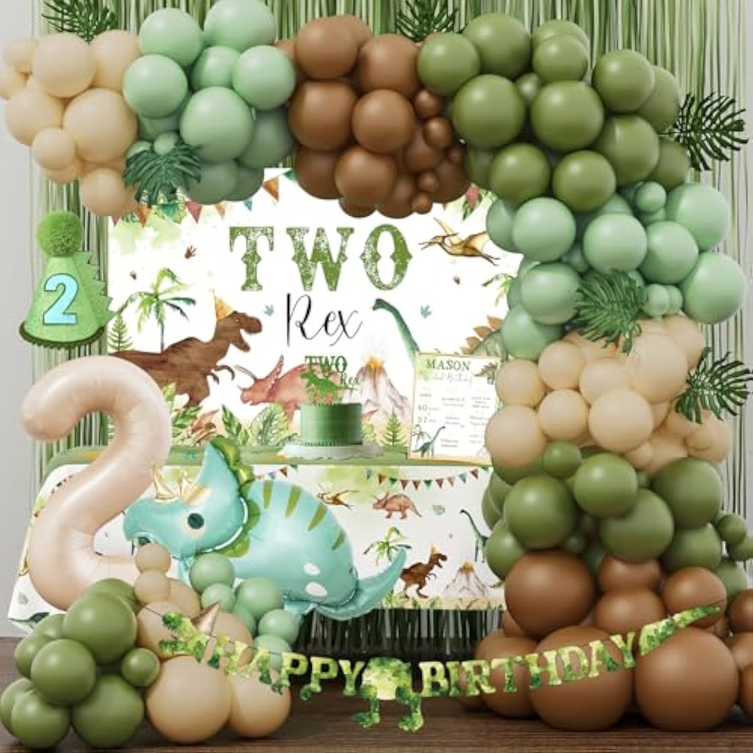Two Rex Birthday Decorations For Boy, Dinosaur 2Nd Birthday Party Supplies, Second Bday Decor, Two Rex Backdrop Tablecloth Fringe Curtain Balloon Arch Cake Topper Birthday Banner Hat