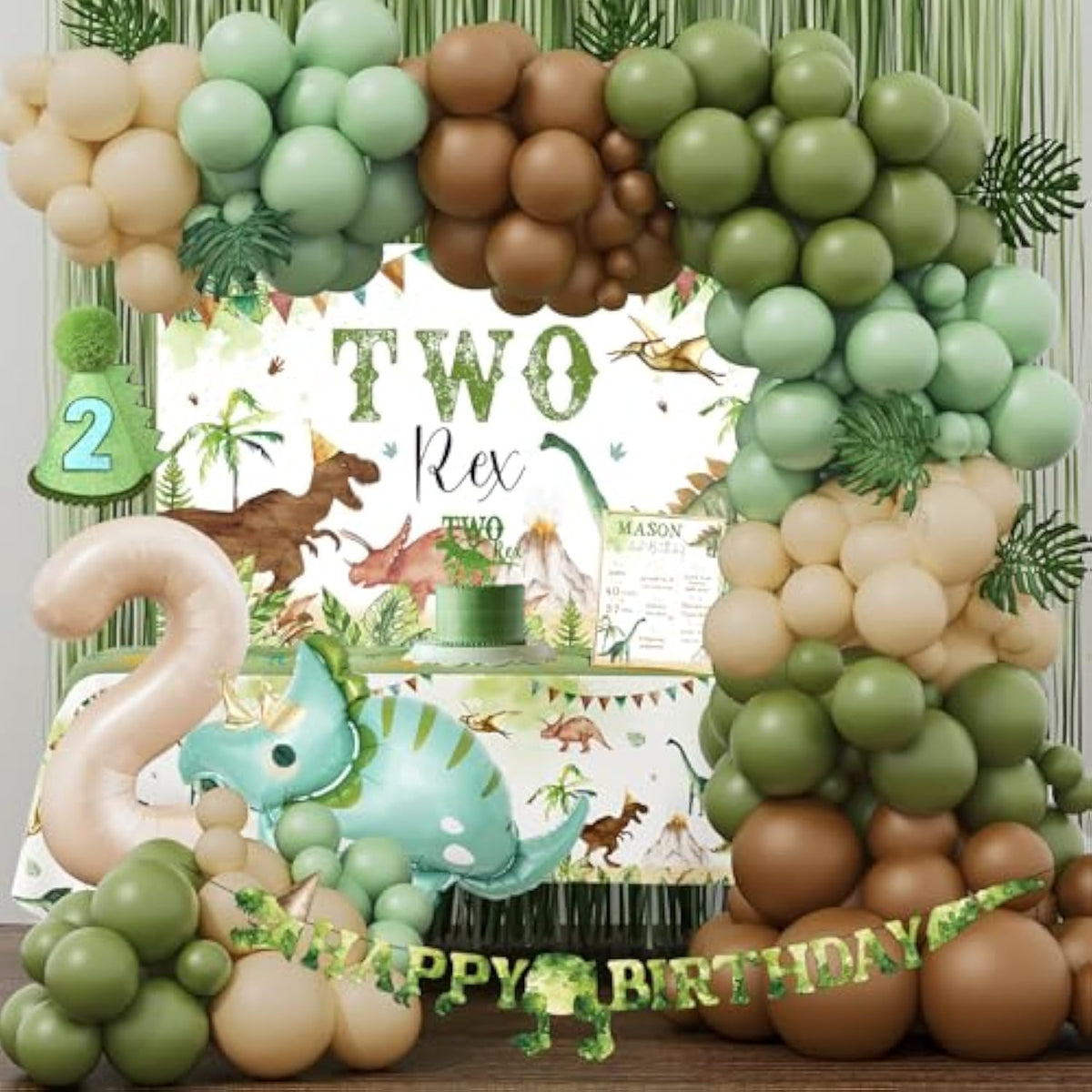 Two Rex Birthday Decorations For Boy, Dinosaur 2Nd Birthday Party Supplies, Second Bday Decor, Two Rex Backdrop Tablecloth Fringe Curtain Balloon Arch Cake Topper Birthday Banner Hat