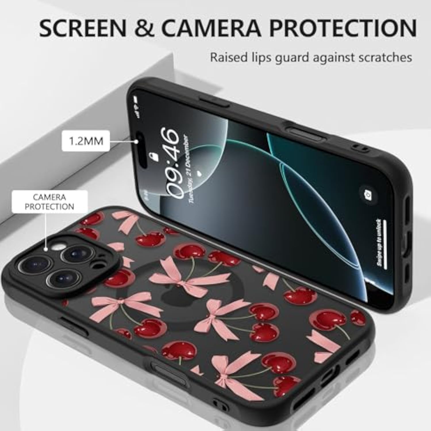 Magnetic Case For Iphone 16 Pro Max 6.9 Inch [Compatible With Magsafe] Hard Pc And Soft Tpu Case With Cherry Pink Bows Anti-Scratch Shockproof Protection Phone Cover For Women