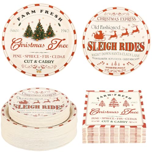 150Pcs Christmas Paper Plates & Napkins, Vintage Farmhouse Party Set