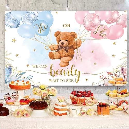 7x5ft Gender Reveal Backdrop Baby Bear Boy or Girl Photography Background Baby Shower Party Blue and Pink Banner Decorations Supplies Photo Booth Props