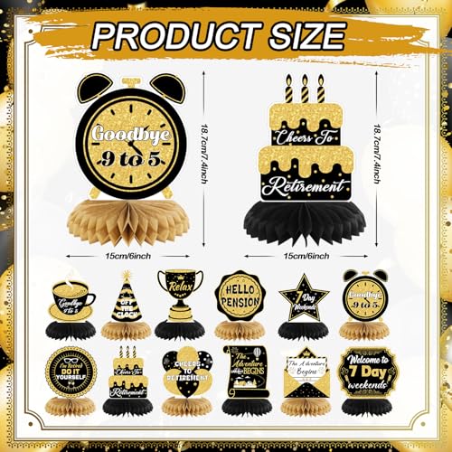 12 Pcs Retirement Party Decorations Honeycomb Gold Glitter Retirement Table Centerpieces 3D Double Sided Hello Pension Table Decoration Topper for Men Women Party Favors Supplies