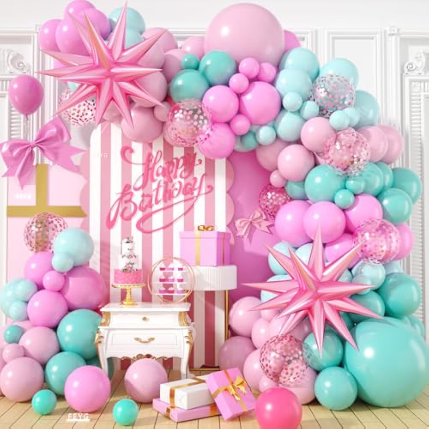 Pink And Teal Blue Balloon Arch Garland Kit, Pastel Pink Teal Blue Turquoise Latex Party Balloons With Star Confetti Balloon For Birthday Wedding Baby Shower Anniversary Party Supplies