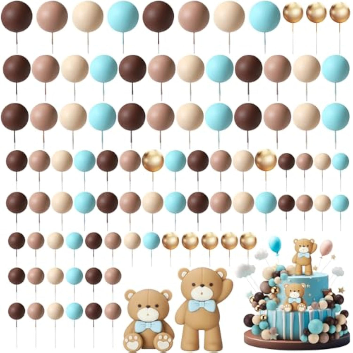 101 Pcs Bear Ball Cake Toppers Blue Brown Gold Khaki Mini Balloons Foam Balls Cake Toppers For Bear Birthday Baby Shower Wedding Decoration