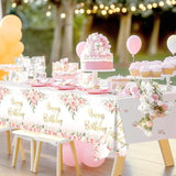 3 Pcs Rose Gold Pink Floral Happy Birthday Tablecloths 108x54 Inch