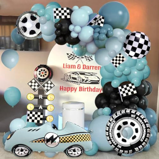 Race Car Balloon Garland Arch Kit 154Pcs Dusty Blue Black Latex Balloon Wheel Checkered Foil Balloons For Race Car Baby Shower Party Two Fast Birthday Party Decorations