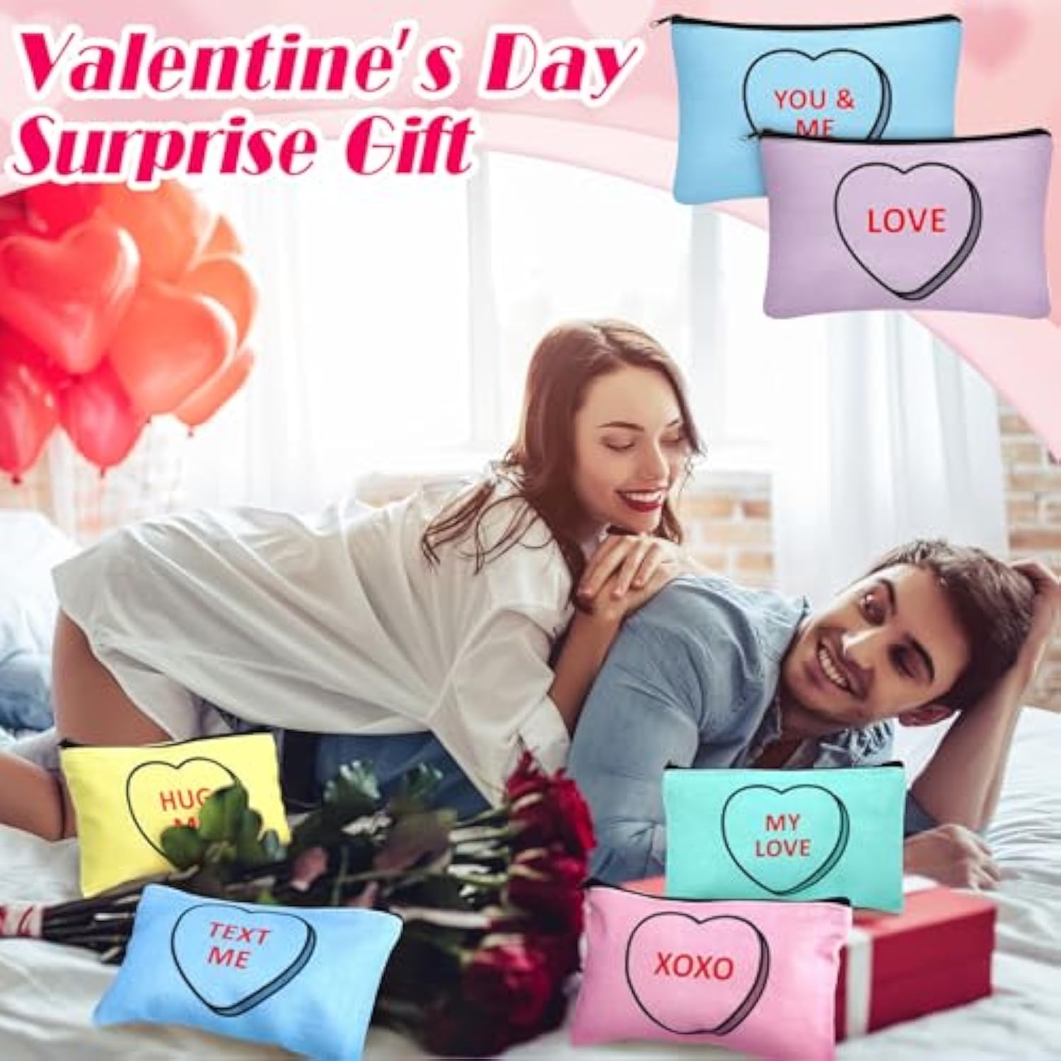 30 Pieces Valentine'S Day Makeup Bags Bulk For Women, Conversation Heart Cosmetic Bag With Zipper, Valentines Galentines Day Gift For Her Love Travel Purse Pouch Toiletry Organizer, 15 Styles