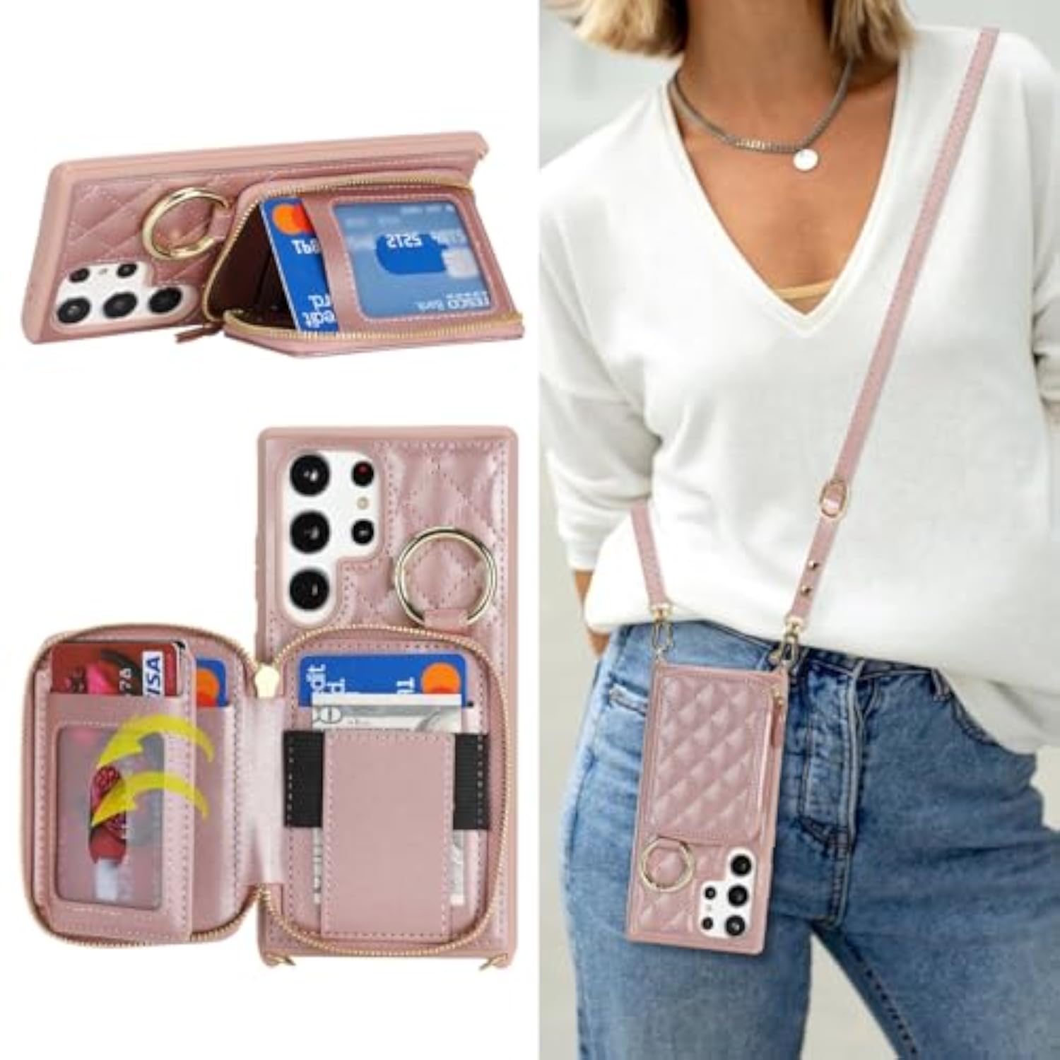 Rose Gold Crossbody Wallet Case for Samsung Galaxy S24 Ultra